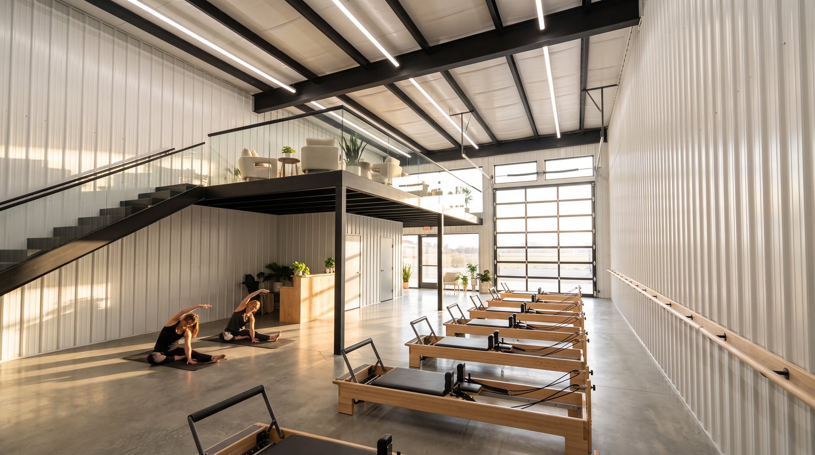 Example suite fitted out as a Pilates and barre studio, with reformers on the open floor and a lounge on the front mezzanine