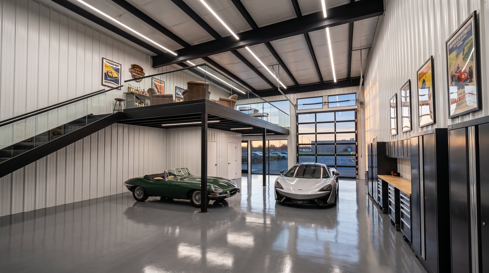 Example suite as a private collector-car garage with two sports cars and a mezzanine lounge