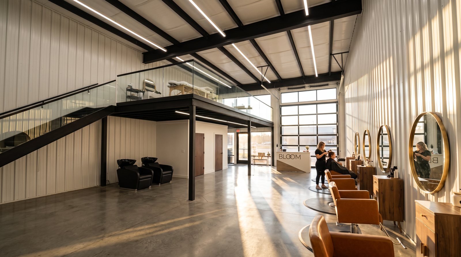 Example suite as a hair salon with four styling stations and a treatment room on the mezzanine