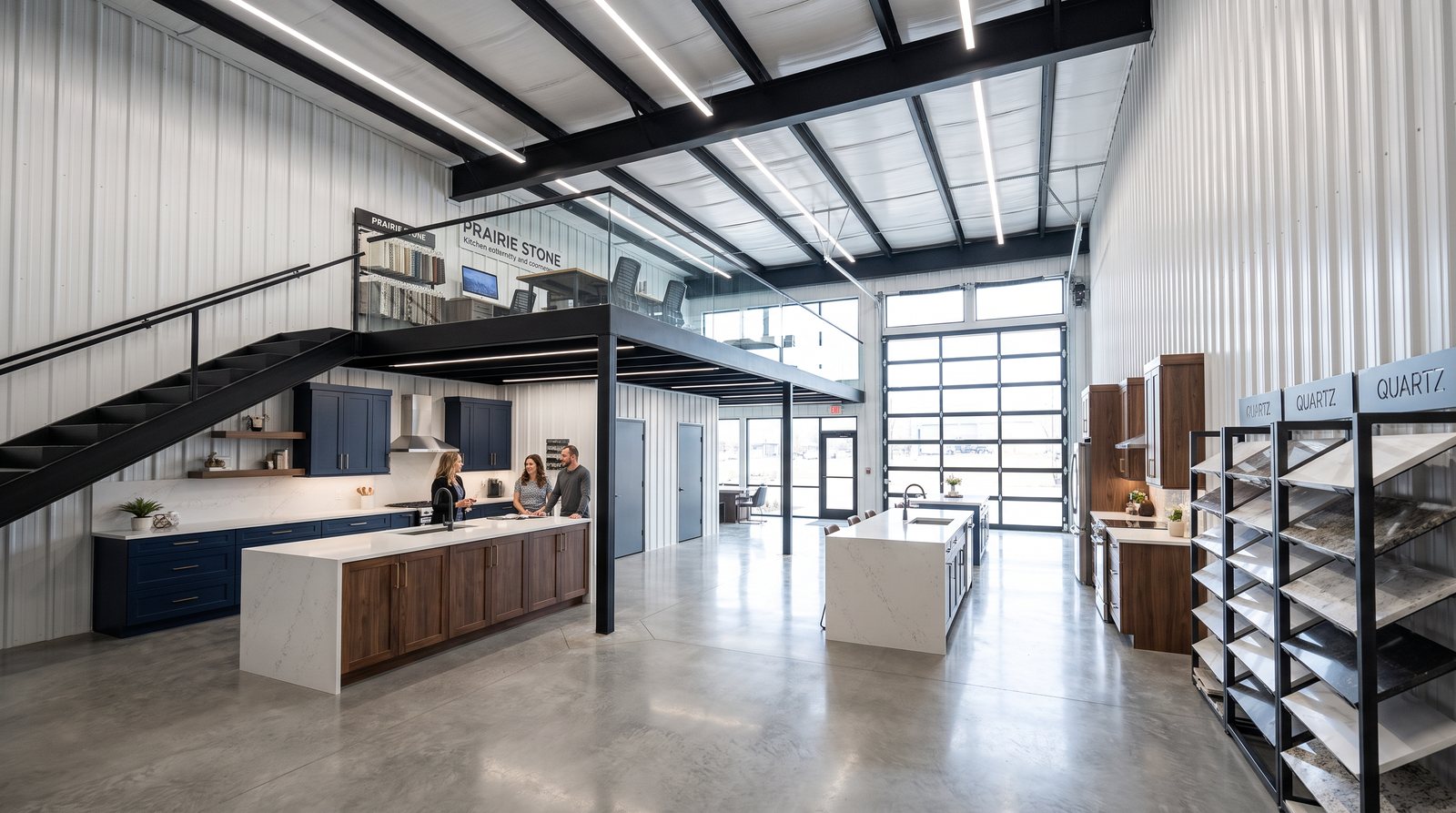 Example suite as a kitchen cabinetry and countertop showroom with a design office on the mezzanine