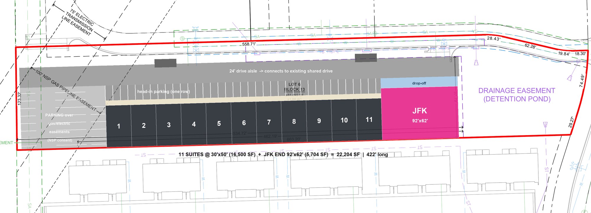 Site plan drawn on the subdivision plat: 11 suites at 30 by 50 feet plus the 92 by 62 foot Just For Kix end, 22,204 square feet and 422 feet long, with head-in parking, the drop-off lane, the easements and the detention pond